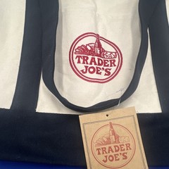 Trader Joe’s Canvas Tote Bag Foldable Reusable Large Beige and Black Solid RARE