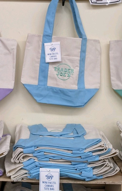 LIMITED EDITION Trader Joe’s mini pastel canvas tote bag white & blue strap