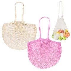 2-Pack Reusable Washable Mesh Net String Grocery Bags [Cream, Pink,Long Handle]