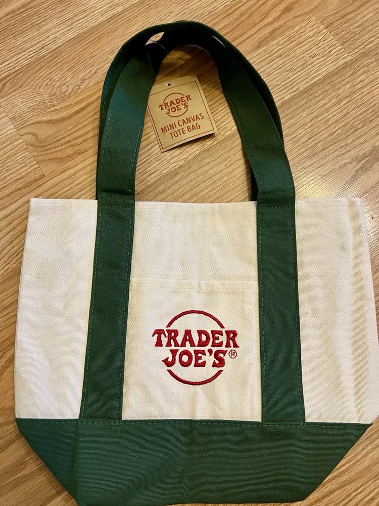 Trader Joe’s Foldable Mini Canvas Tote Bag Green Beige All-Over Small