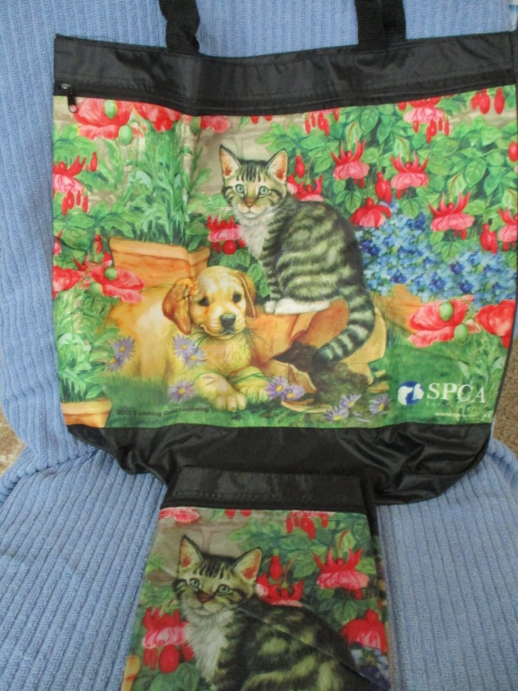 SPCA 2 Reusable Shopping Bags 2010 Cat Dog Flowers Front Zipper Pocket 17 x 13