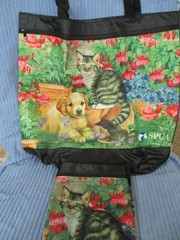 SPCA 2 Reusable Shopping Bags 2010 Cat Dog Flowers Front Zipper Pocket 17 x 13