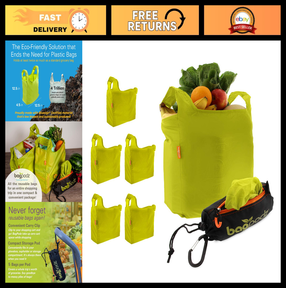 5 Pack Foldable Reusable Grocery Bags – Washable RipStop Nylon, 50lbs Capacity,