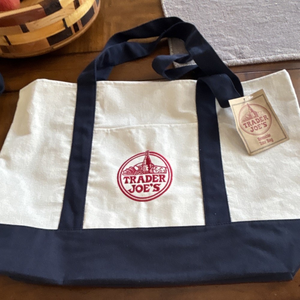 Trader Joe’s Canvas Reusable Foldable Shopping Bag Beige Navy Blue