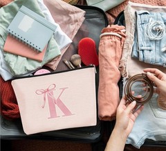 Dejfel Initial Coquette Pink Bow Makeup Bag,initial K Personalized Teen pinkK