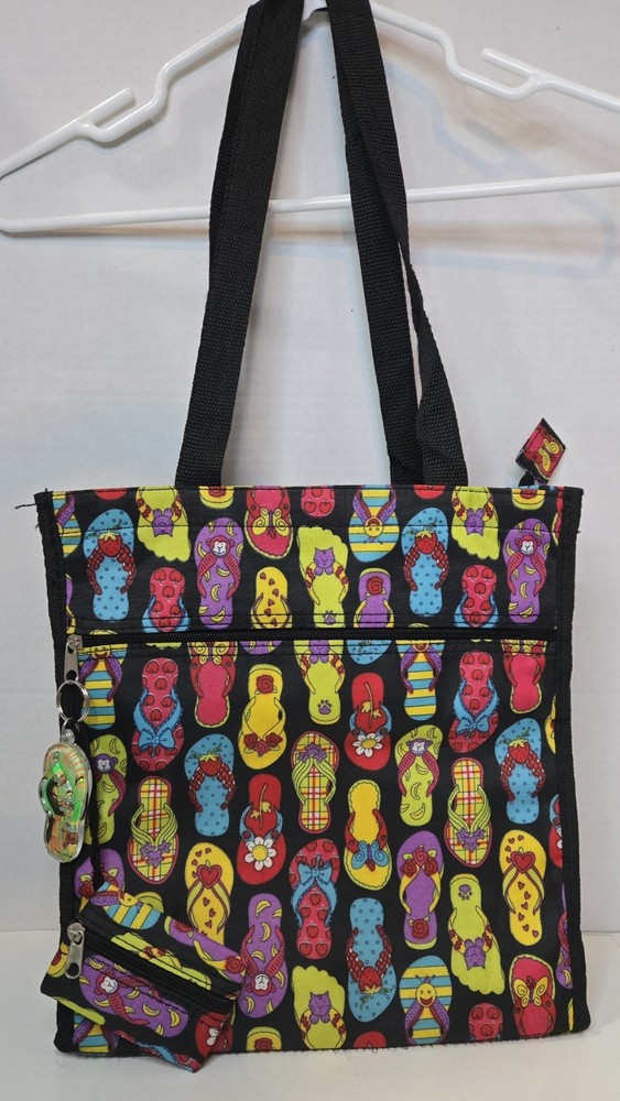 Black Flip Flop Printed Coin Pouch 12.5x12in Multi-Purpose Zip Up Tote Bag