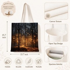 Night Forest Canvas Tote Bag for Women, Reusable Grocery Shoulder Shopping Ba…