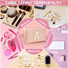 WEMVP Personalized Initial Makeup Bag with Handle, Preppy Cosmetic Pink