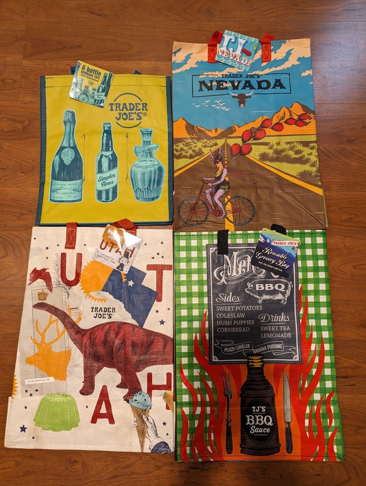 4 Lot Trader Joe’s NWT reusable ECO Bags (G =Hold 6 Bottles-Retired, NV, UT, NC)