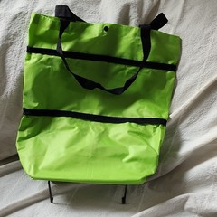 Green Foldable Reusable Shopping Bag with Wheels, Handles, Polyester, Modern
