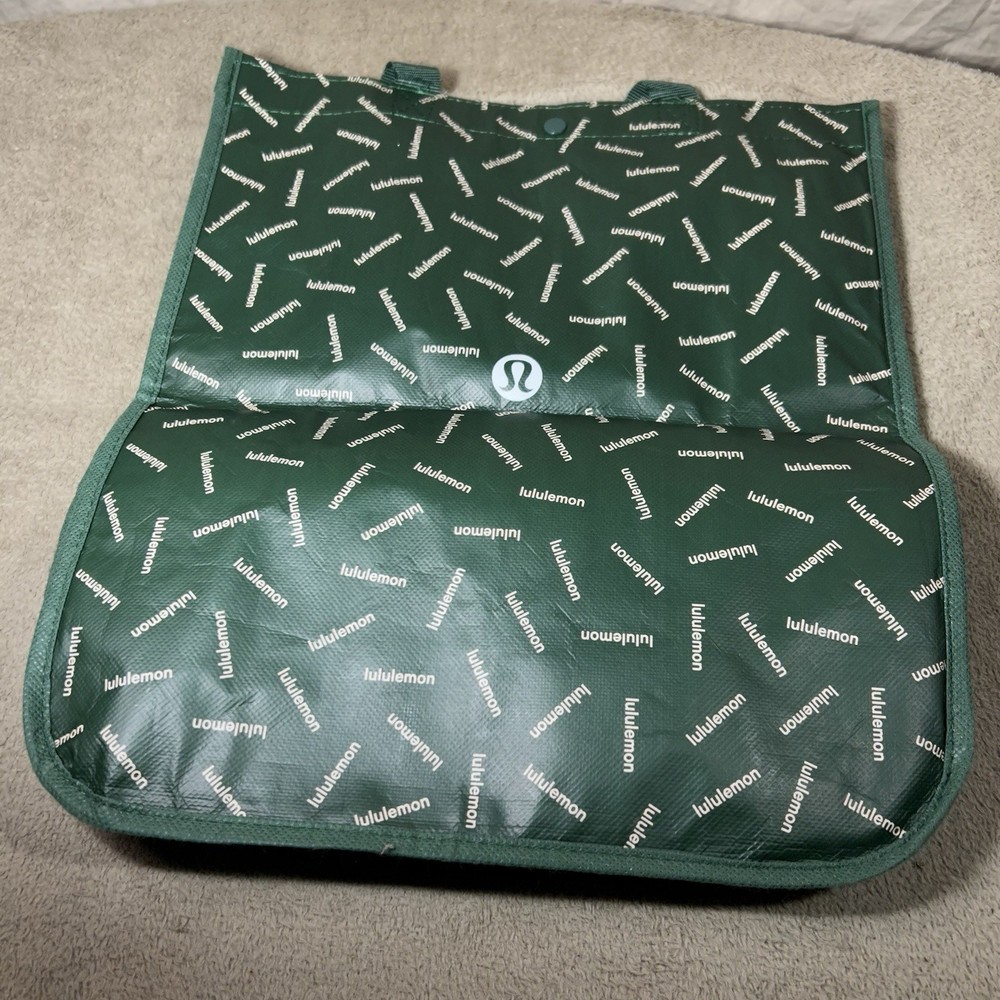 lululemon Reusable Shopping Tote 16’ Bag Green All Over Logo Recycled Foldable