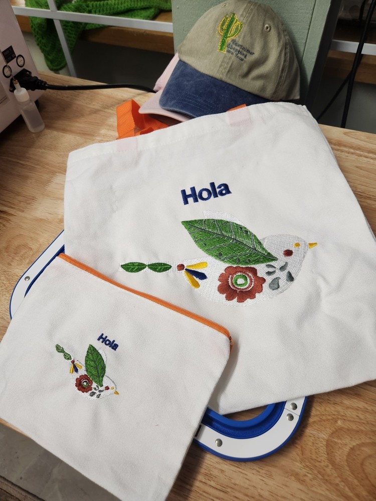 Embroidered Canvas Reusable Shopping Bag Set White Orange Floral Bird Foldable