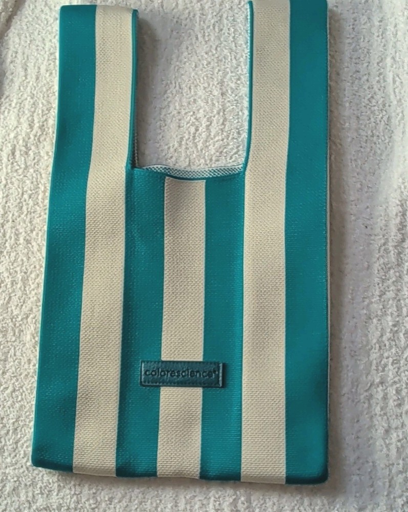 Colorescience Blue & Beige Striped Reusable Tote Shopping Bag 16in x 9in