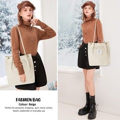 Corduroy Tote Bag for Women Canvas Shoulder Cord Purse with Inner Pocket（Beige）