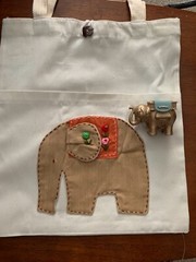 Artsy Cream BAG TOTE with patchwork Elephant + Kate Aspen Elephant candle. New