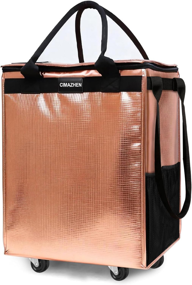 (Medium,Rose Gold) Reusable Grocery Bag on 4 Wheels, Foldable Rolling Tote Bag w