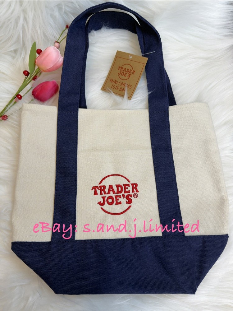 Trader Joe’s Mini Tote Bag Navy Blue / Beige Embroidered Worldwide Shipping New