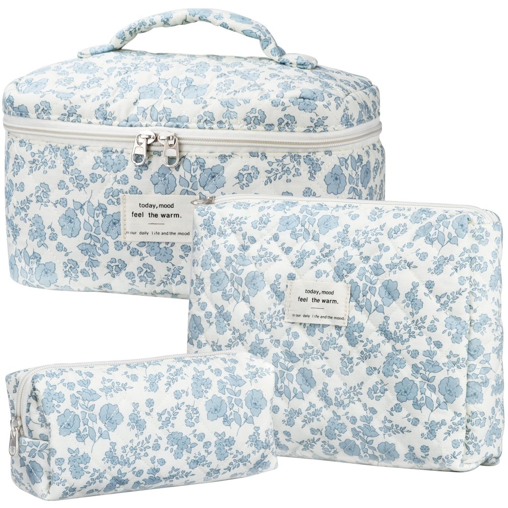 TESAFNG Quilted Makeup Bag Set – 3 PCS Cute Floral Cotton Blue