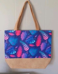 Large Blue Multicolor Leaf Print Polyester Tote Reusable Bag Beige Handles