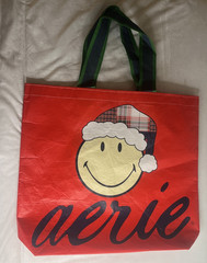 Aerie Christmas Smiley Santa Plaid Holiday Reusable Shopping Gift Tote Bag 2023