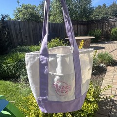 Trader Joe’s Foldable Reusable Shopping Bag Purple Beige Cotton Polyester