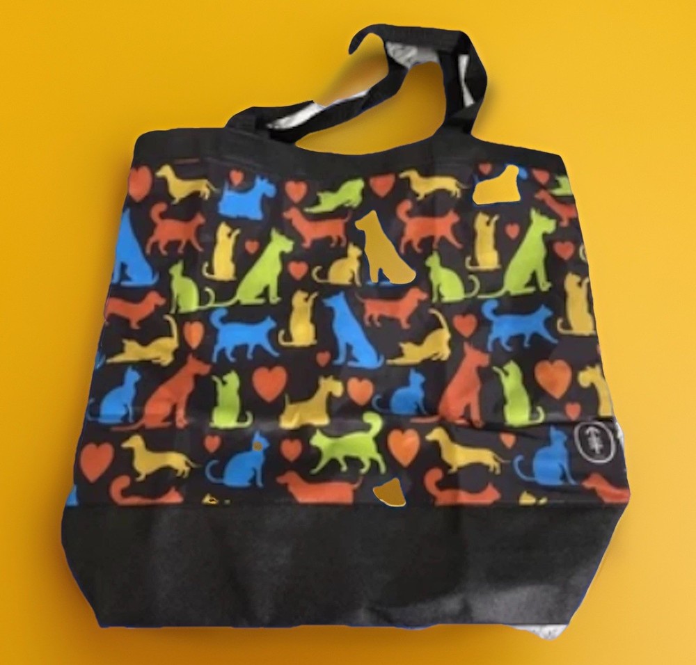 1884 Brand Nylon Fabric Reusable Tote Bag Dogs Cats Black Multicolor 16″ X 16″