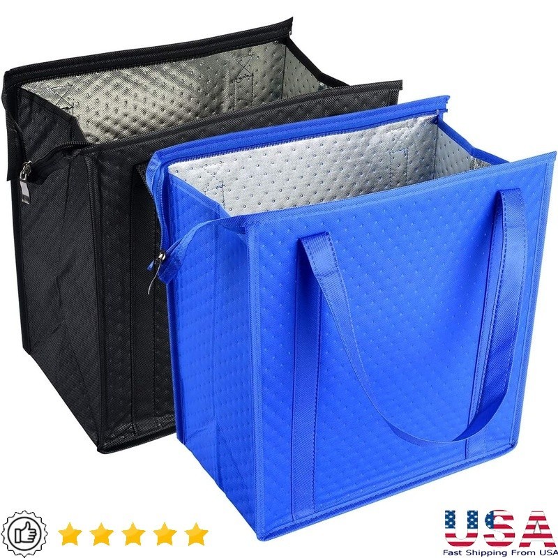 Non-Woven Insulated Bags 2 Pack Zipper Closure Transport Frozen Grocery Items US