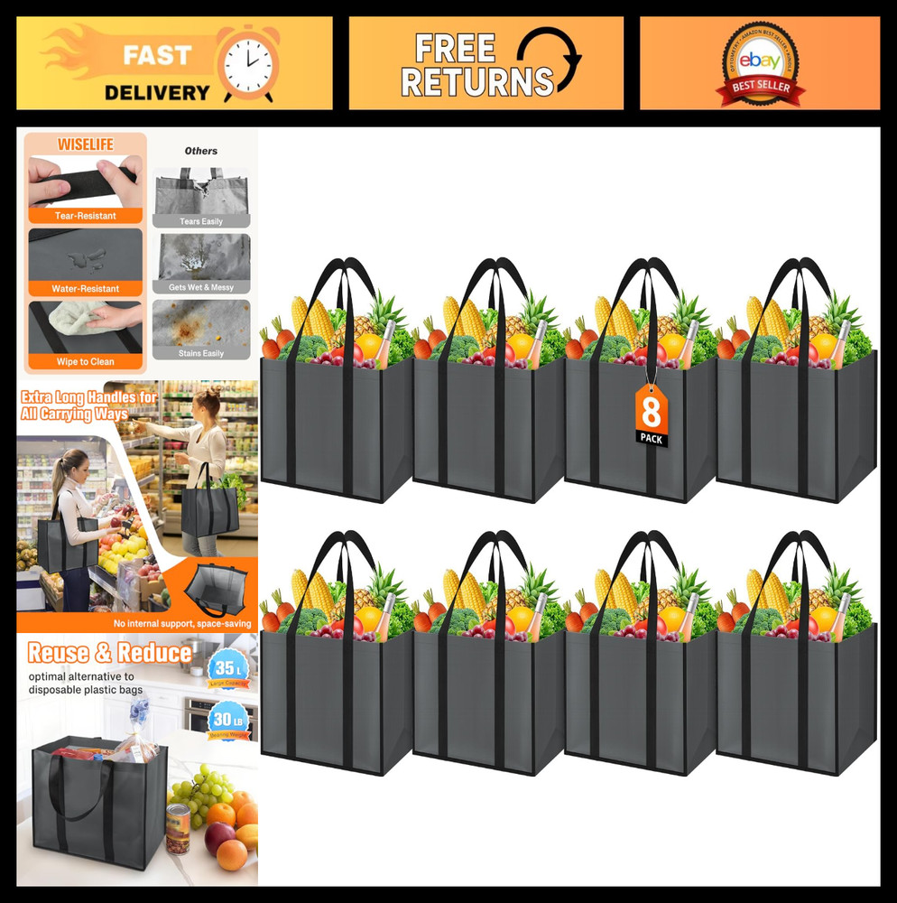 Reusable Grocery Bags 8 Pack – Large 35L Water-Resistant Totes, Foldable Shoppin