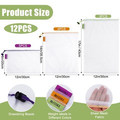12 Pcs Reusable Produce Bags,Washable Mesh Produce Bags,Mesh Grocery Bag with…