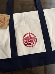 Authentic Trader Joe’s Reusable Canvas Eco Tote Bag Heavy Duty Bag Blue White