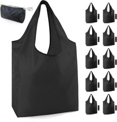 Reusable 10 Pack Black Grocery Bags with Storage Pouch – Eco-Friendly & Durable