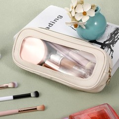 Eldraqth Small Clear Makeup Bag, PU Leather Travel Brush Bag Beige