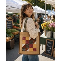 Vintage Feed Sack Tote Purse Handbag Handmade Quilted Upcycled Hook Loop Close