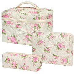 PGAXM 3PCS Makeup Bag,Quilted Cosmetic Bag,Large 10x6x6 inches, Pink Flower