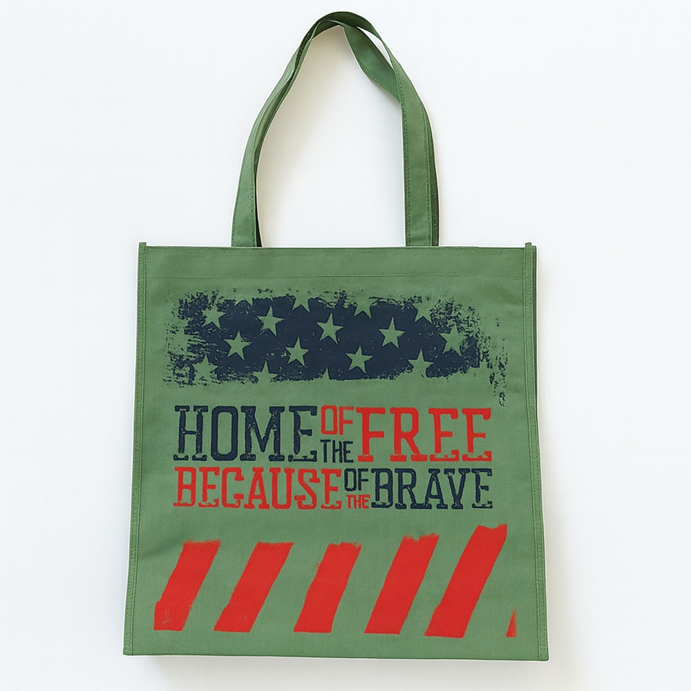 Home of the Free Because of the Brave Grocery Tote Bag American Flag Stars New