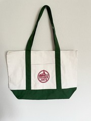 Trader Joe’s Foldable Canvas Tote Bag Reusable Shopping Beige With Green Handles