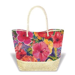 Hawaiian Hibiscus Large Beach Tote Shop Bag Handbag Straw Travel Hawaii New