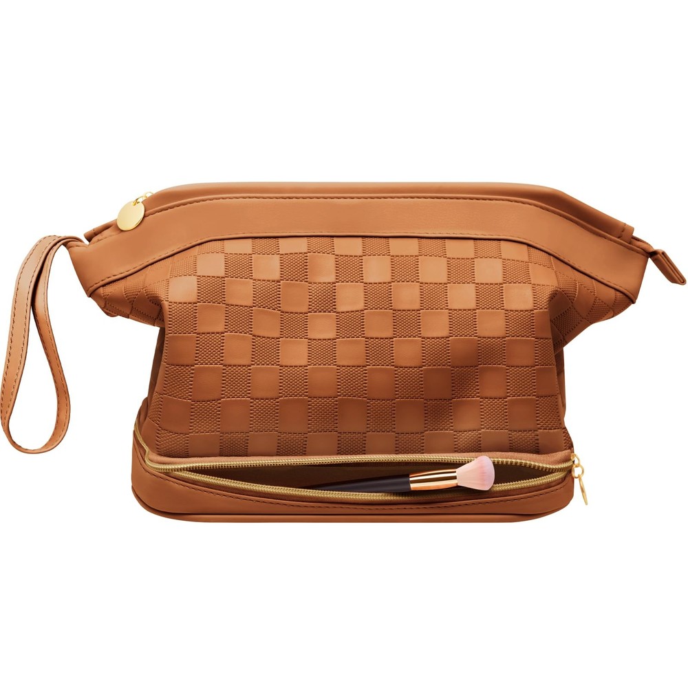 Hairao Large Makeup Bag for Women, Double Layer Travel with Brown