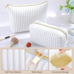 Paterr 2 Pcs White Fuzzy Makeup Bag Set Flannel Cosmetic Bags Cute