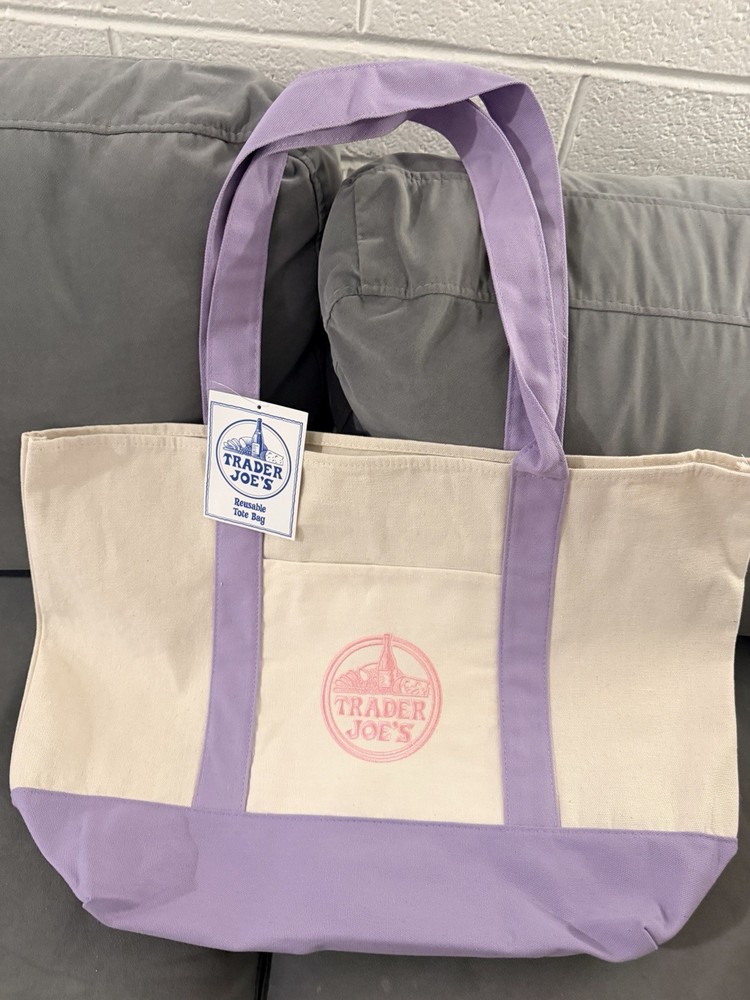 Trader Joe’s Large Reusable Canvas Shopping Bag Beige Purple 20x6x14in