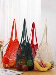 Woven Cotton Mesh Bag Foldable String Long Handle Net Tote Fruit Vegetable New