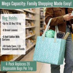 4 Pack Reusable Grocery Shopping Bags, Heavy-Duty Tote Bags with Handles, for…