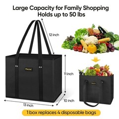 3 Pack Black Foldable Reusable Grocery Shopping Bags Reinforced Bottom Handles