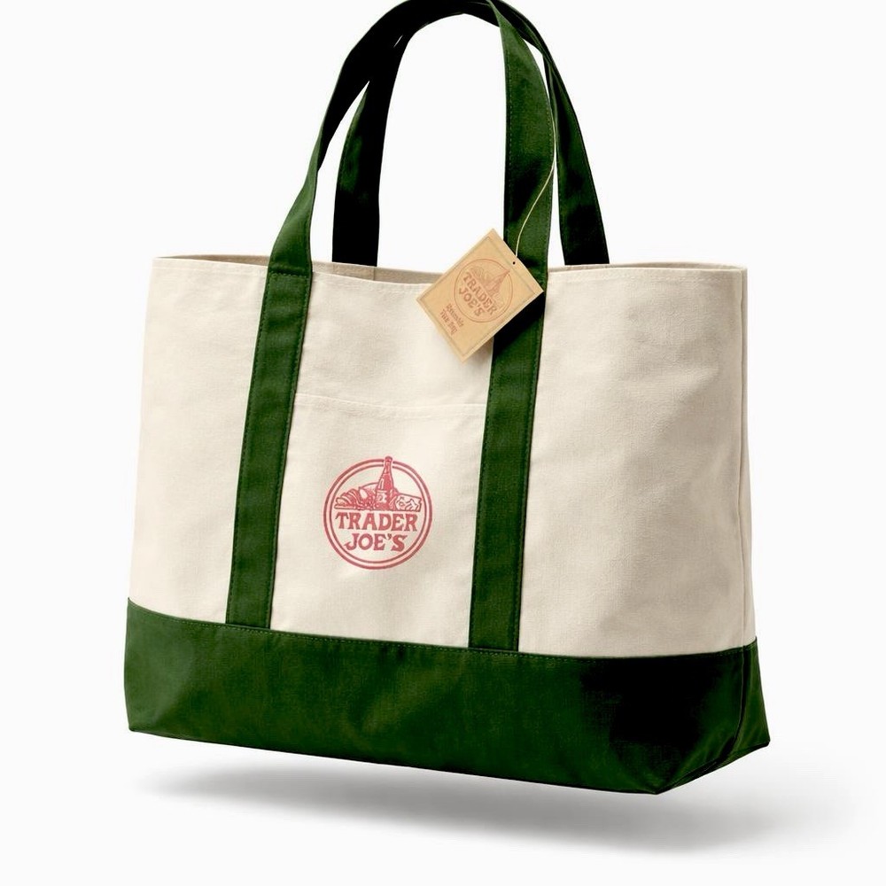 Trader Joe’s Foldable Canvas Colorblock Tote Bag Beige Green