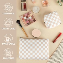 Fammart Checkered Makeup Bag, Travel Cosmetic Bag large, – Khaki