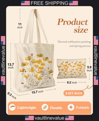 Miss Adola Aesthetic 2 Pack Canvas Tote Bag – with Makeup Zipper Pouch for