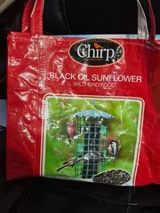 Homemade shopping bag ; made from bird seed bag