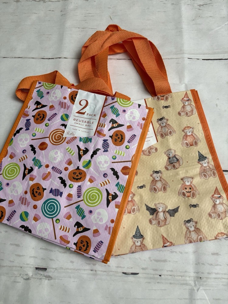 Small Reusable Shopping Tote Bag Two (2) Pack Halloween Pumpkins Teddy Bears