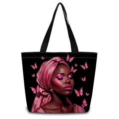 ZhuVantrix Women’s Pink Butterfly Tote, Reusable African American Art, Zipper