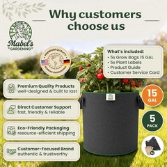 Mabel’s Gardening 5-Pack 15 Gallon Grow Bags – Garden Planting Bags 17.7 x 14.2